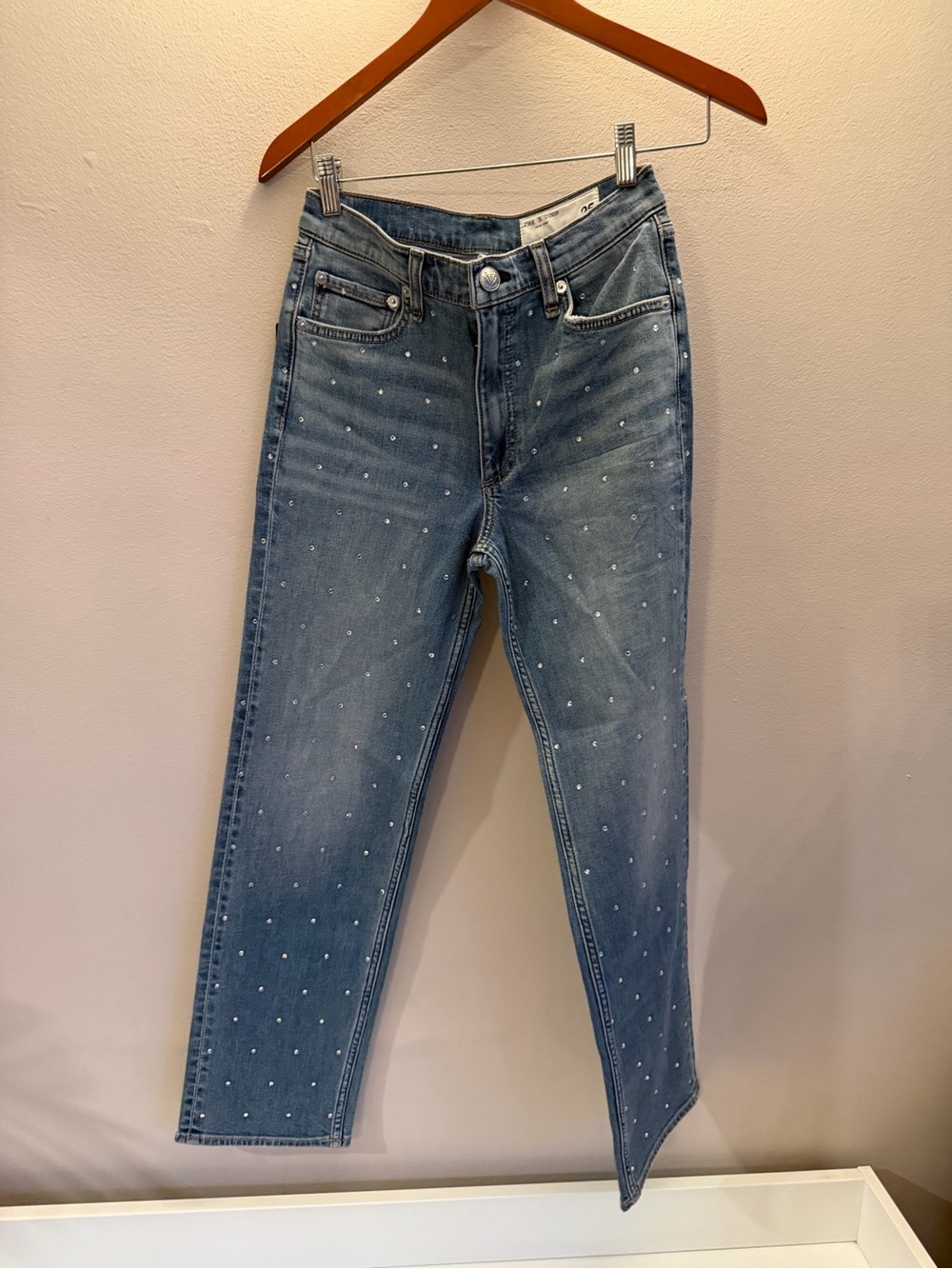 Rag & Bone Harlow Ankle Straight Jeans Orian Jewel Rhinestone Blue 25 new